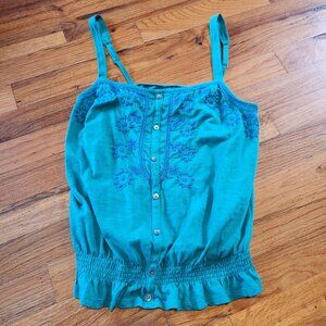 American Eagle Outfitters Turquoise Embroidered Sleeveless Babydoll Tank Top Siz